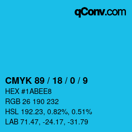 Code couleur: CMYK 89 / 18 / 0 / 9 | qconv.com