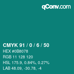 Code couleur: CMYK 91 / 0 / 6 / 50 | qconv.com