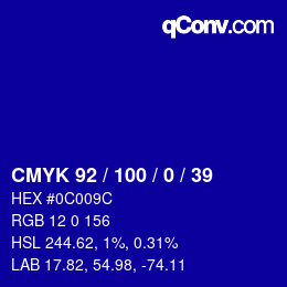 Code couleur: CMYK 92 / 100 / 0 / 39 | qconv.com