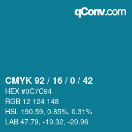 Code couleur: CMYK 92 / 16 / 0 / 42 | qconv.com