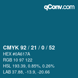 Code couleur: CMYK 92 / 21 / 0 / 52 | qconv.com