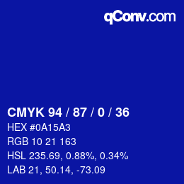 Code couleur: CMYK 94 / 87 / 0 / 36 | qconv.com