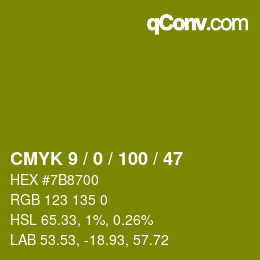 Color code: CMYK 9 / 0 / 100 / 47 | qconv.com