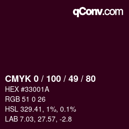 Code couleur: CMYK 0 / 100 / 49 / 80 | qconv.com