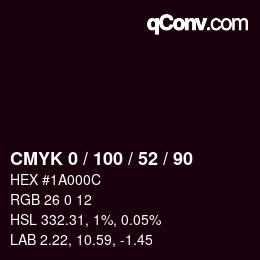 Farbcode: CMYK 0 / 100 / 52 / 90 | qconv.com