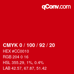 Code couleur: CMYK 0 / 100 / 92 / 20 | qconv.com