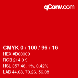 Code couleur: CMYK 0 / 100 / 96 / 16 | qconv.com