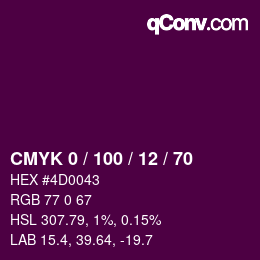 Code couleur: CMYK 0 / 100 / 12 / 70 | qconv.com