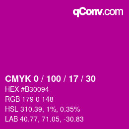 カラーコード: CMYK 0 / 100 / 17 / 30 | qconv.com