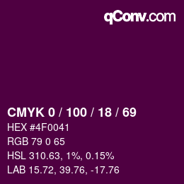 Farbcode: CMYK 0 / 100 / 18 / 69 | qconv.com