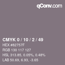 Code couleur: CMYK 0 / 10 / 2 / 49 | qconv.com