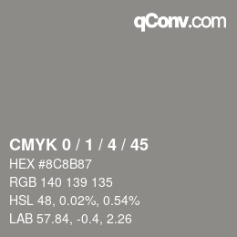 Code couleur: CMYK 0 / 1 / 4 / 45 | qconv.com