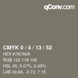 Code couleur: CMYK 0 / 4 / 13 / 52 | qconv.com