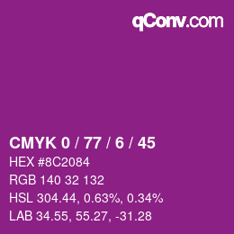 Code couleur: CMYK 0 / 77 / 6 / 45 | qconv.com