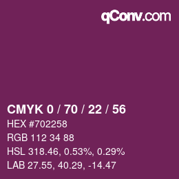 Code couleur: CMYK 0 / 70 / 22 / 56 | qconv.com