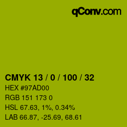 Code couleur: CMYK 13 / 0 / 100 / 32 | qconv.com