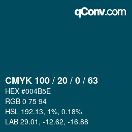 Code couleur: CMYK 100 / 20 / 0 / 63 | qconv.com