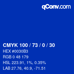 Code couleur: CMYK 100 / 73 / 0 / 30 | qconv.com