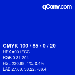 カラーコード: CMYK 100 / 85 / 0 / 20 | qconv.com