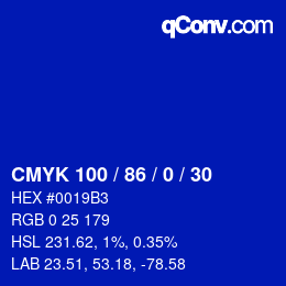 Code couleur: CMYK 100 / 86 / 0 / 30 | qconv.com