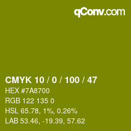 Code couleur: CMYK 10 / 0 / 100 / 47 | qconv.com