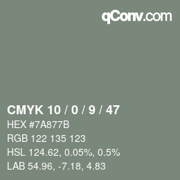 Code couleur: CMYK 10 / 0 / 9 / 47 | qconv.com