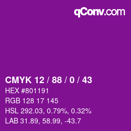 Code couleur: CMYK 12 / 88 / 0 / 43 | qconv.com