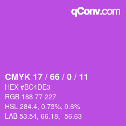 Code couleur: CMYK 17 / 66 / 0 / 11 | qconv.com