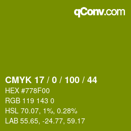 Code couleur: CMYK 17 / 0 / 100 / 44 | qconv.com