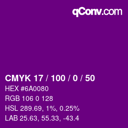 カラーコード: CMYK 17 / 100 / 0 / 50 | qconv.com