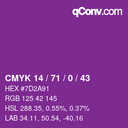 Farbcode: CMYK 14 / 71 / 0 / 43 | qconv.com