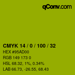 Color code: CMYK 14 / 0 / 100 / 32 | qconv.com