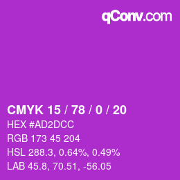 Code couleur: CMYK 15 / 78 / 0 / 20 | qconv.com