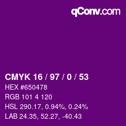 Code couleur: CMYK 16 / 97 / 0 / 53 | qconv.com