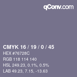 カラーコード: CMYK 16 / 19 / 0 / 45 | qconv.com