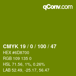 Color code: CMYK 19 / 0 / 100 / 47 | qconv.com