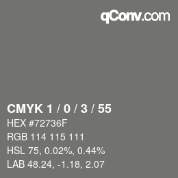 Farbcode: CMYK 1 / 0 / 3 / 55 | qconv.com