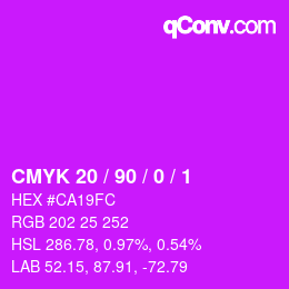 Code couleur: CMYK 20 / 90 / 0 / 1 | qconv.com