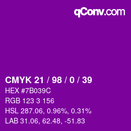 Code couleur: CMYK 21 / 98 / 0 / 39 | qconv.com