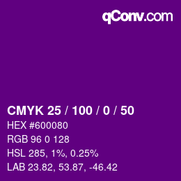 Code couleur: CMYK 25 / 100 / 0 / 50 | qconv.com