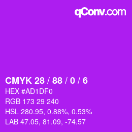 Code couleur: CMYK 28 / 88 / 0 / 6 | qconv.com