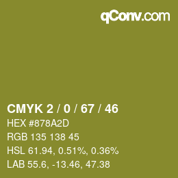 Code couleur: CMYK 2 / 0 / 67 / 46 | qconv.com