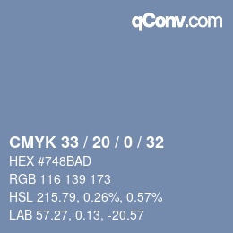 Code couleur: CMYK 33 / 20 / 0 / 32 | qconv.com