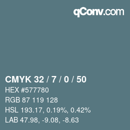 Code couleur: CMYK 32 / 7 / 0 / 50 | qconv.com