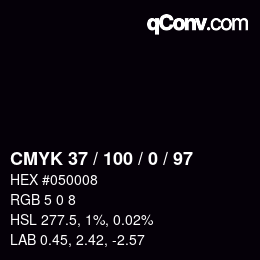 Code couleur: CMYK 37 / 100 / 0 / 97 | qconv.com