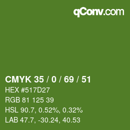 Color code: CMYK 35 / 0 / 69 / 51 | qconv.com