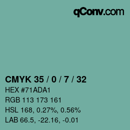 Code couleur: CMYK 35 / 0 / 7 / 32 | qconv.com