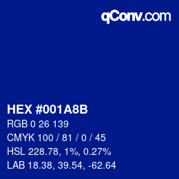 Code couleur: HEX #001A8B | qconv.com