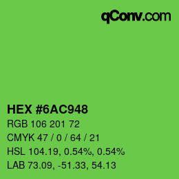 Code couleur: HEX #6AC948 | qconv.com