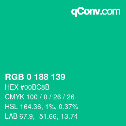 カラーコード: RGB 0 188 139 | qconv.com